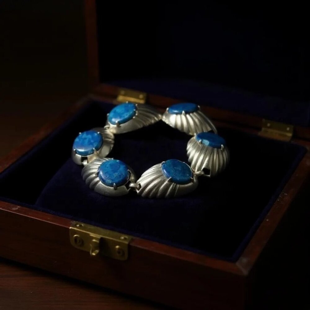 Vintage Art Deco OTIS Sterling Silver Denim Lapis 7" Link Bracelet